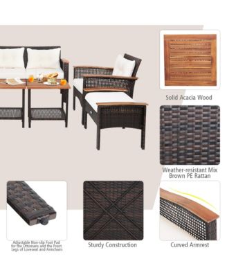 7PCS Patio Rattan Furniture Set Cushioned Loveseat Sofa Ottoman Table