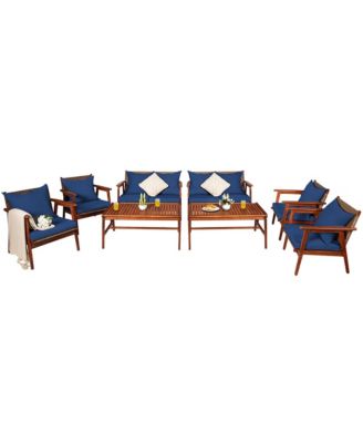 8PCS Patio Rattan Furniture Set Acacia Wood Frame Cushioned Sofa Chair Navy