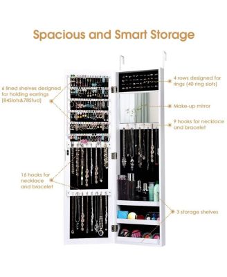 Full Length Mirror Jewelry Cabinet with Ring Slots and Necklace Hooks-White