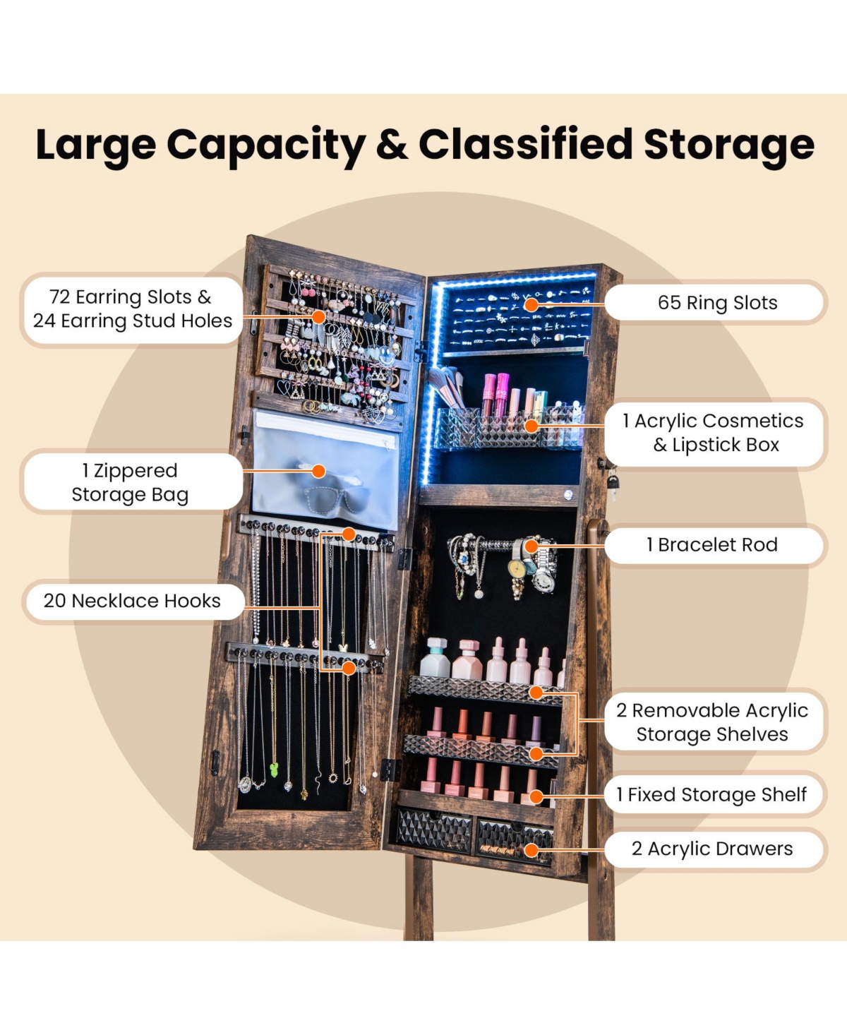 Sugift Lockable Jewelry Armoire Standing Cabinet with Lighted Full-Length Mirror-Coffee