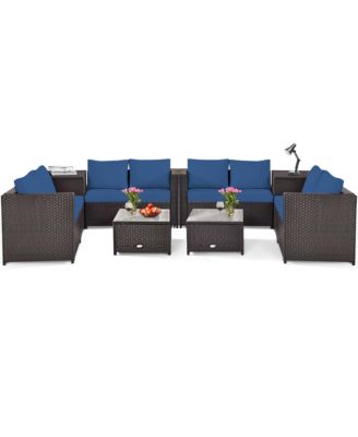 8PCS Outdoor Patio Rattan Furniture Set Cushioned Loveseat Storage Table Navy