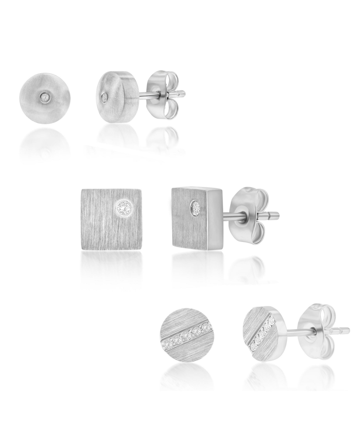 Stainless Steel, Set of 3 Cz Stud Earrings - Silver