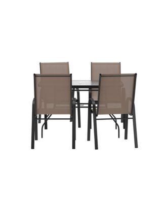 Bardwell 5 Piece Outdoor Dining Table Set For 4 With Glass-Top Patio Table And 4 Stack Chairs With Flex Comfort Material