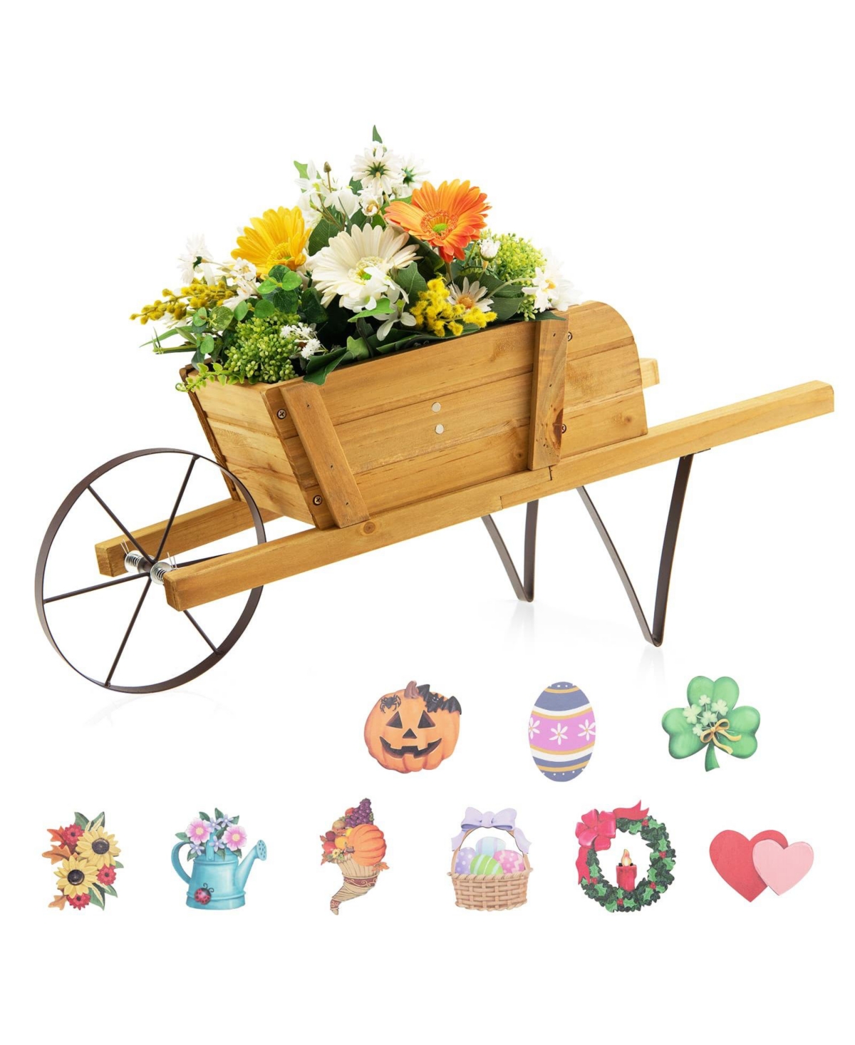 Slickblue Wooden Wagon Planter with 9 Magnetic Accessories for Garden Yard