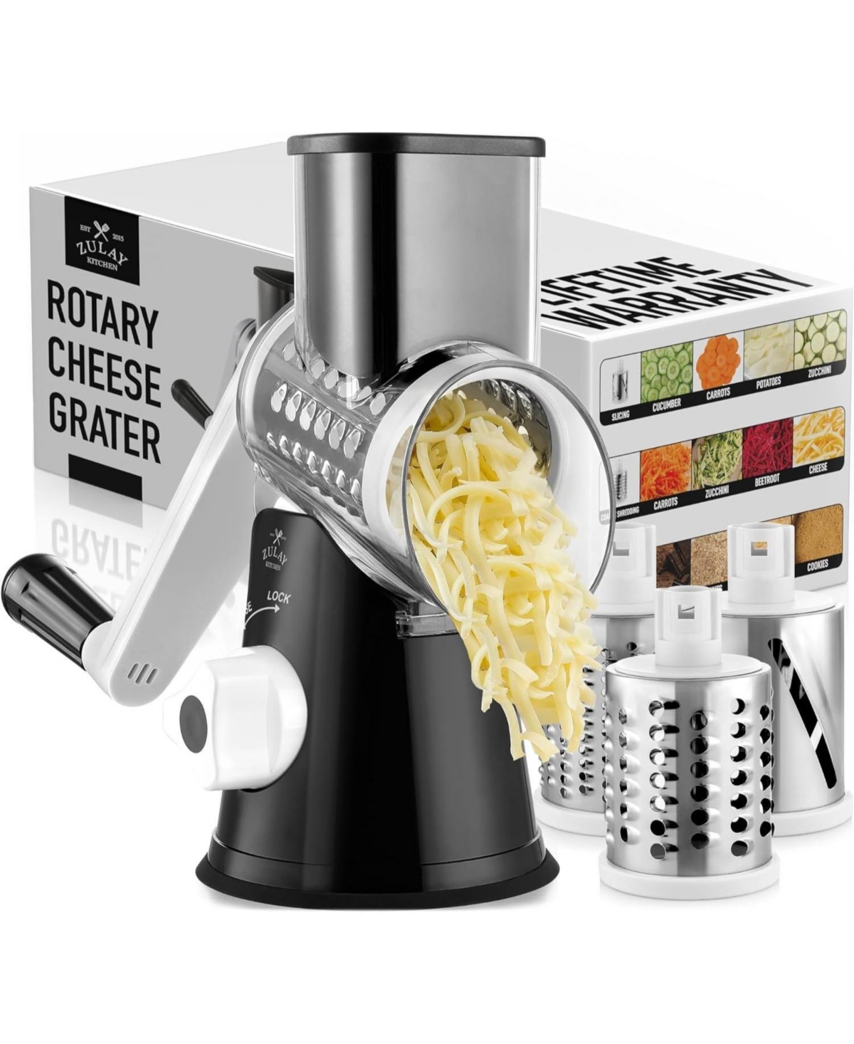 Zulay Kitchen Rotary Cheese Grater with 3 Interchangeable Blade Drums - Hand Crank Cheese Shredder and Slicer with Reinforced Suction