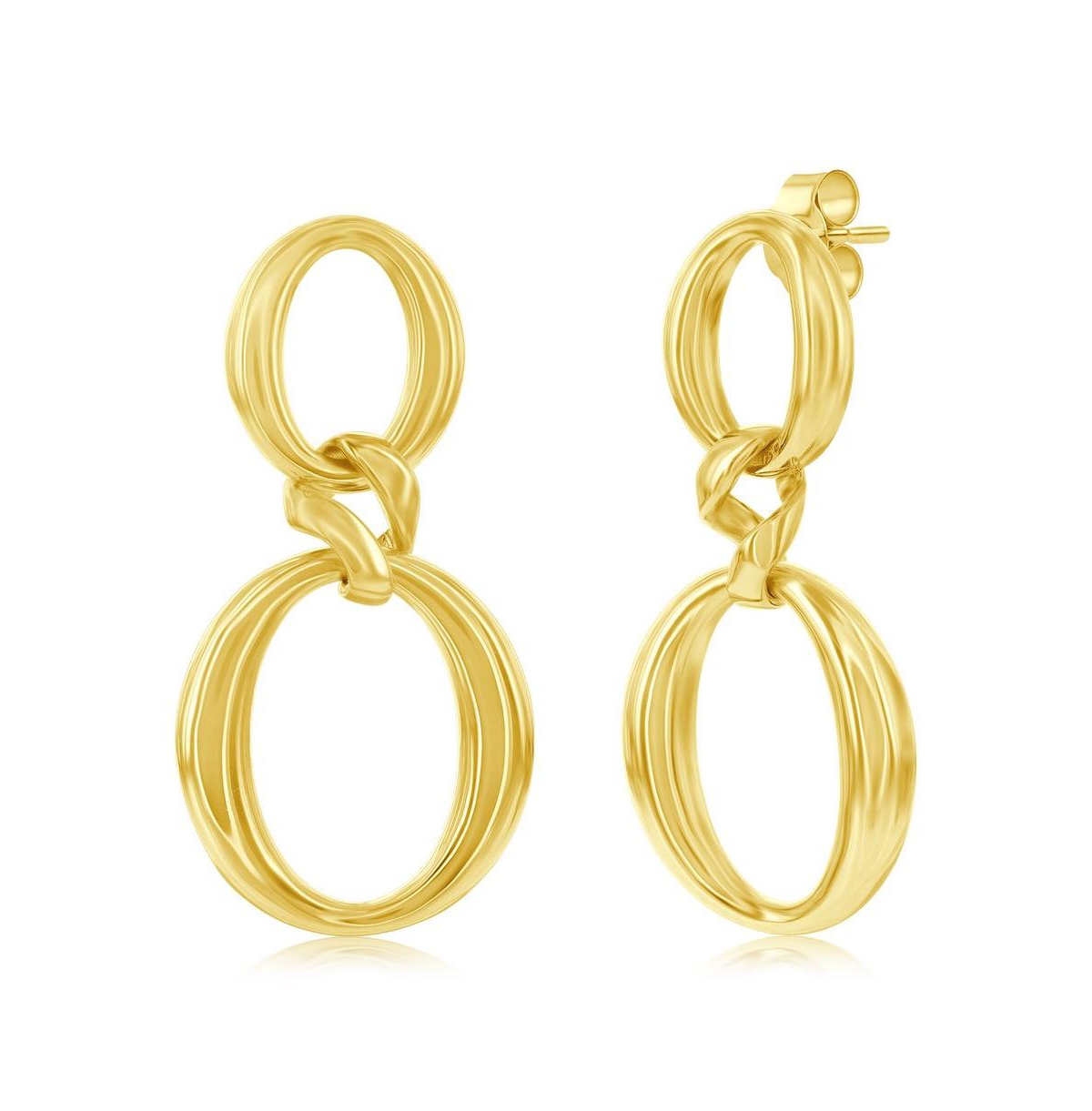 Gold Plated Over Sterling Silver High Polished Double Oval Dangle Earrings - Gold
