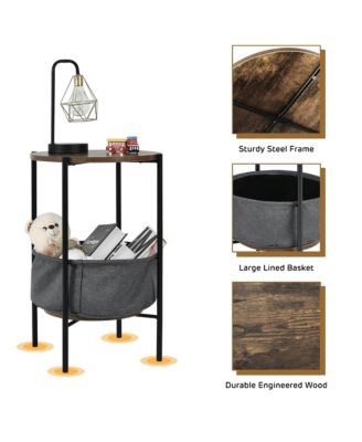Industrial Round End Side Table Sofa Coffee Table w/ Storage Basket&Metal Frame