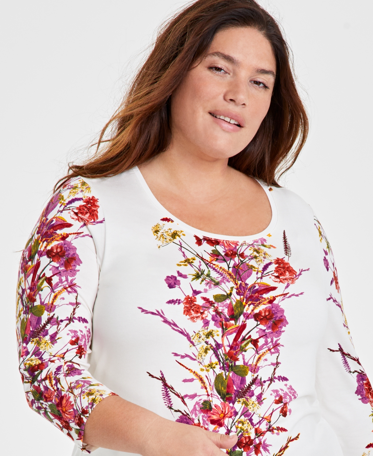 Jm Collection Plus Size Printed 3/4-Sleeve Top, Created for Macy's