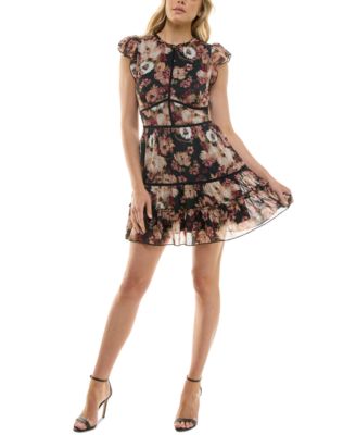 Juniors' Printed Tiered-Ruffle Short-Sleeve Dress