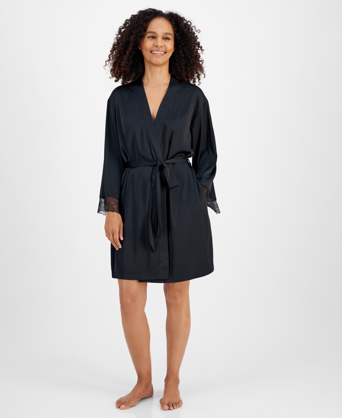 Inc International Concepts Women's Lace-trim Stretch Satin Robe, Created For Macy's In Deep Black