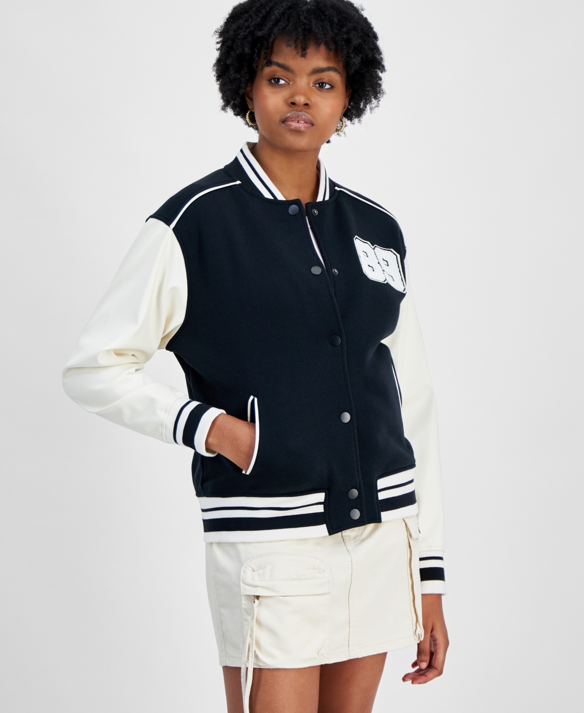 Hippie Rose Juniors' Faux-Leather-Sleeve Snap-Front Varsity Bomber Jacket -White