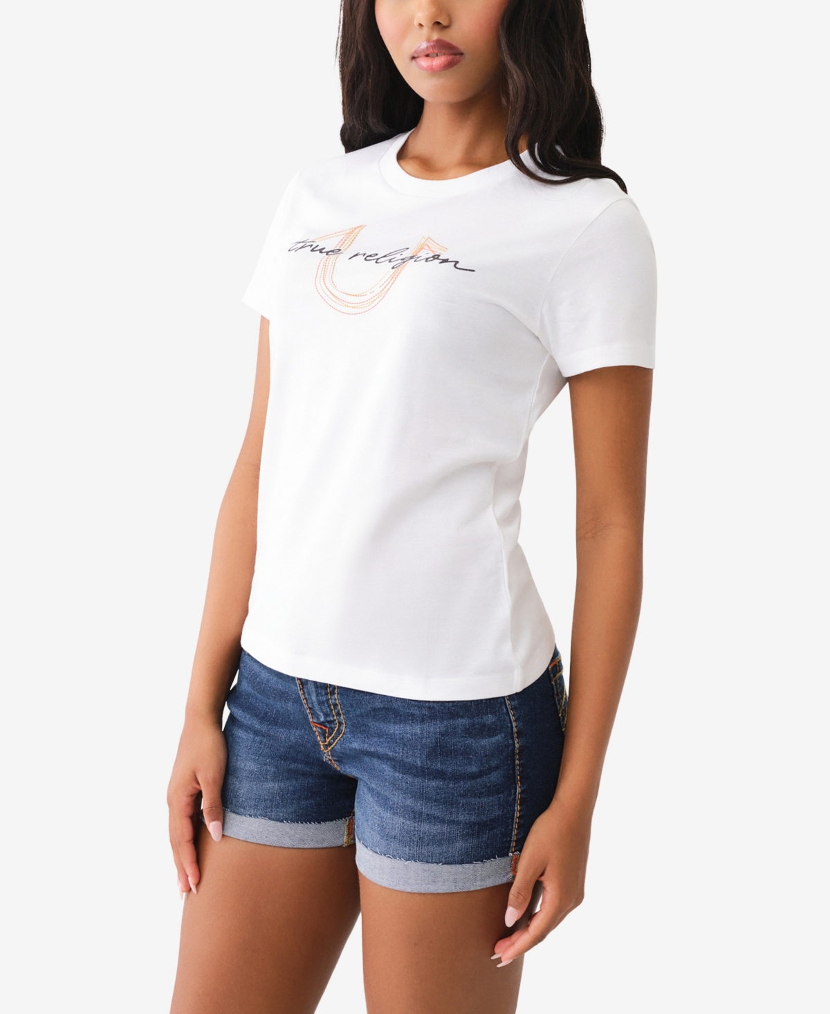 Shop True Religion Women's Short Sleeve Multi Stitch Horseshoe Crew Tee In White