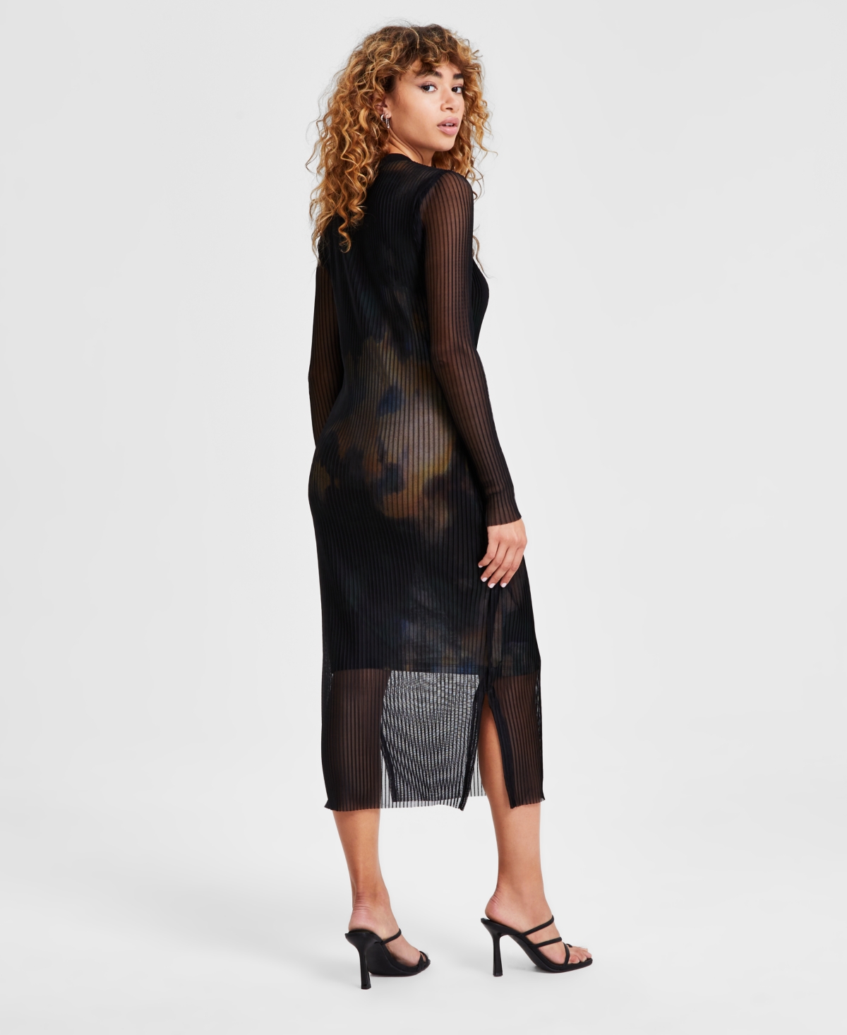 Bar Iii Women's Printed Mesh Rib Overlay Midi Dress, Created for Macy's