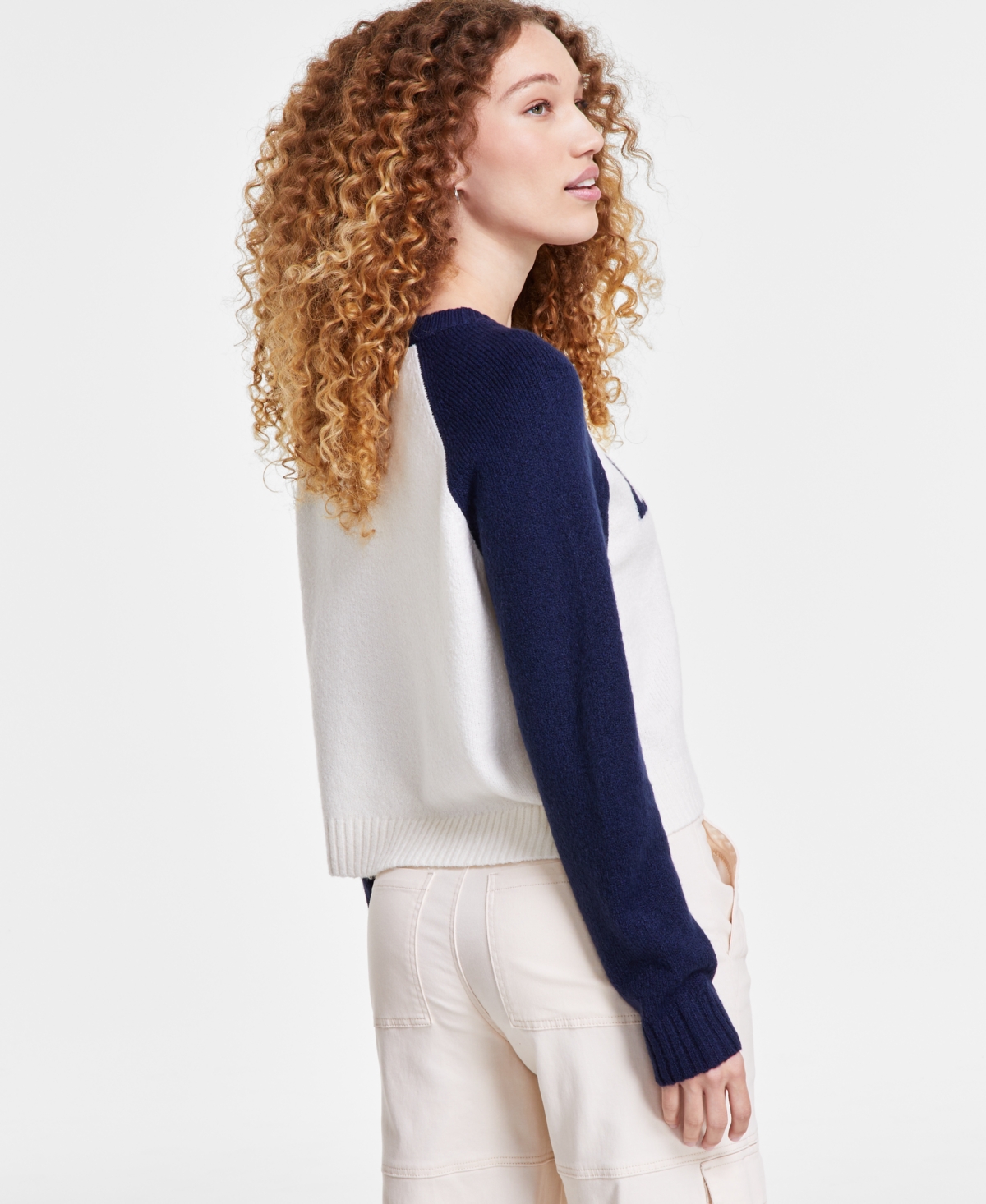 Ultra Flirt Juniors' Varsity Raglan-Sleeve Sweater -Peacoat