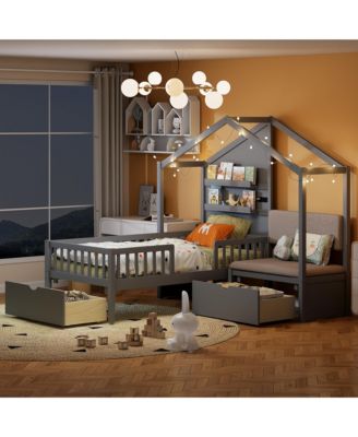 Streamdale Twin House Bed with Sofa, Charging Station, Shelves & Drawers