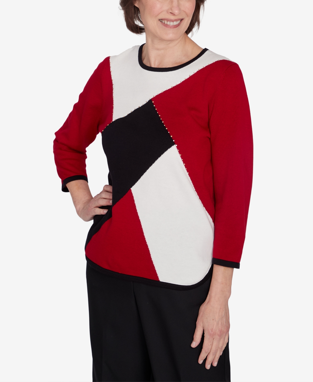 Alfred Dunner Classic Color Block Beaded Top In Grey