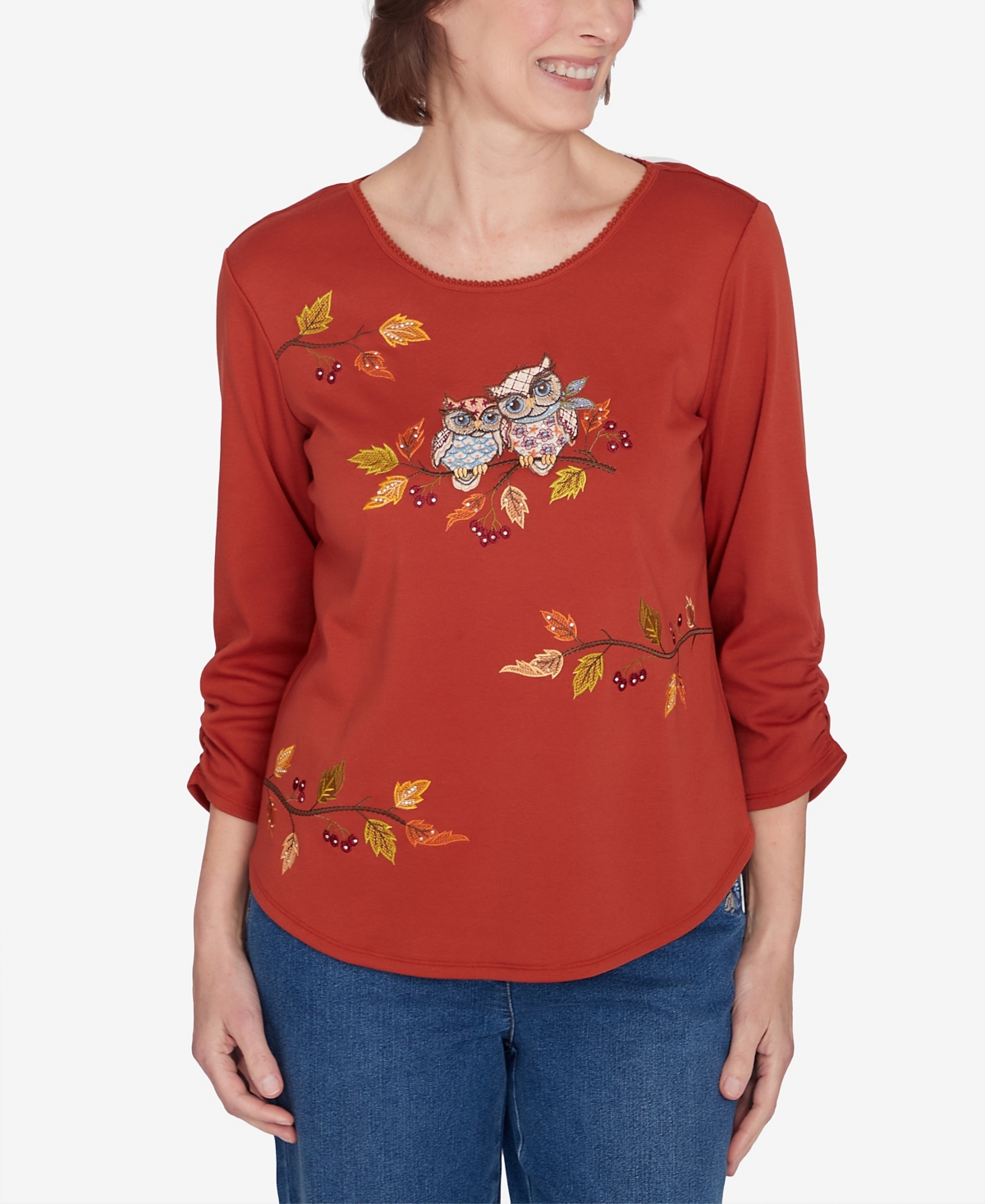 Classic Nuzzling Owls Ruched Sleeves Top - Terracotta