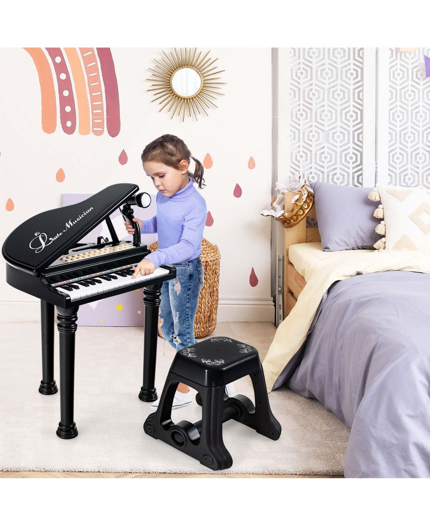 Детские игрушки Costway 31-Key Kids Piano Keyboard LED Teaching 3-Piece Set Musical Toy, Ages 3+, цвет: Чёрный — фото 2