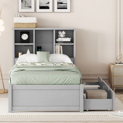Modern Twin Bed Frame with USB, Headboard Bookcase & Drawers