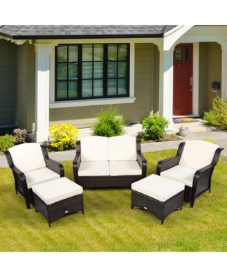 5PCS Patio Rattan Furniture Set Loveseat Sofa Ottoman
