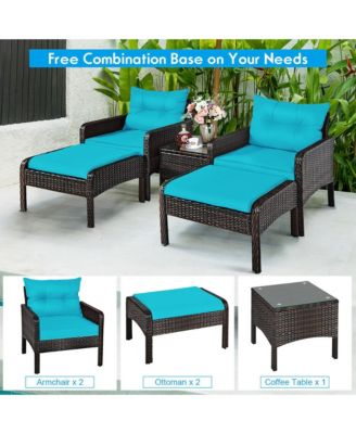 5 PCS Patio Rattan Furniture Set Sofa Ottoman Table Cushioned