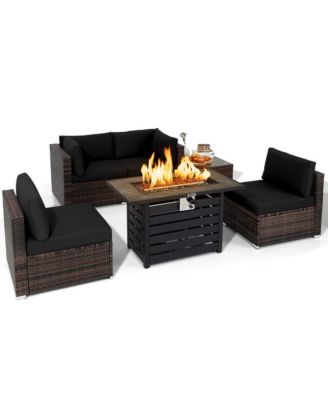 6PCS Patio Rattan Furniture Set 42'' Fire Pit Table Cover Sofa Cushion