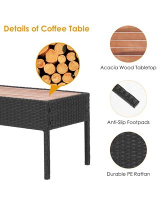 8PCS Patio Rattan Furniture Set Cushioned Chair Wooden Tabletop Black