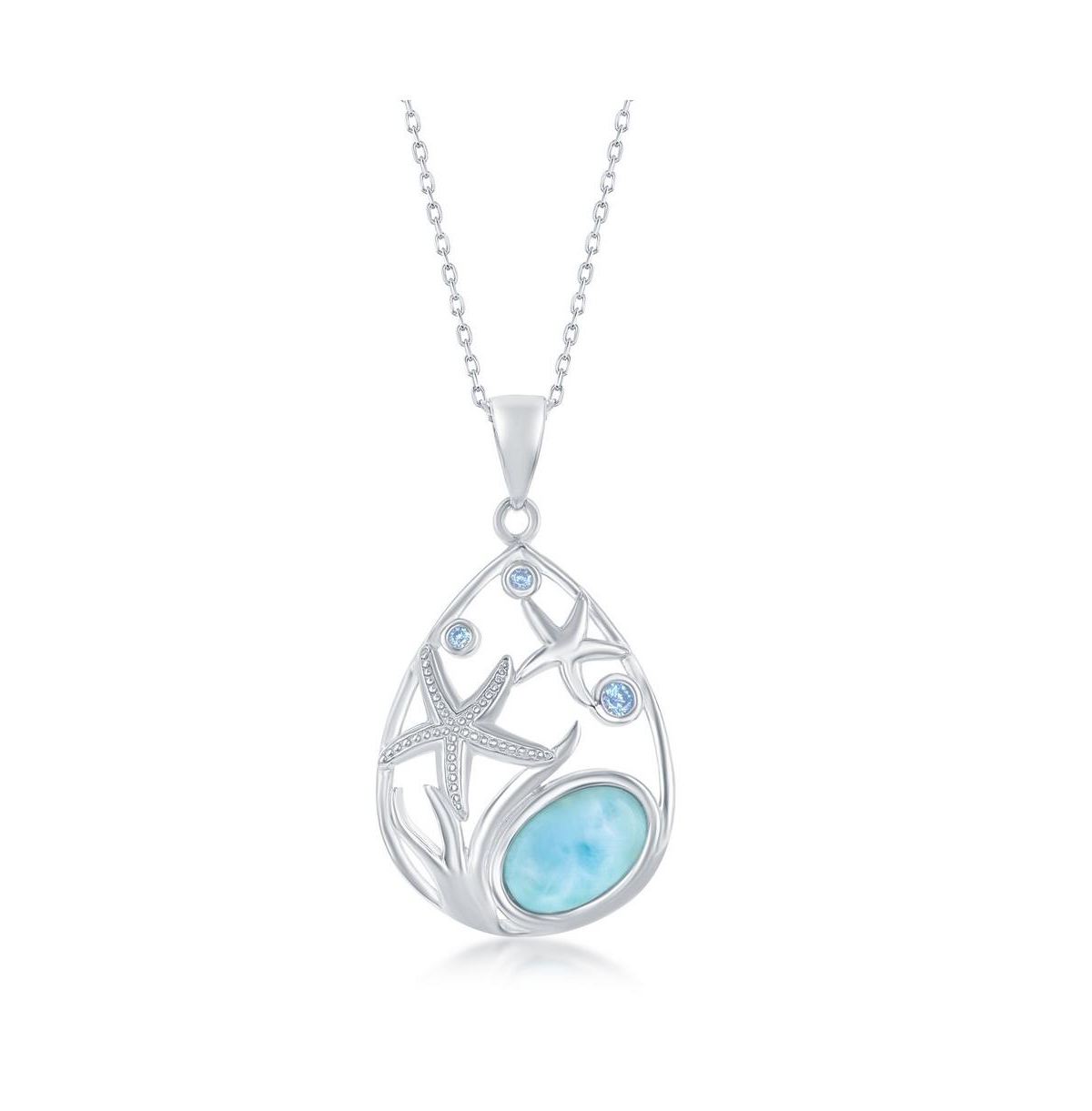 Sterling Silver pear-Shaped Starfish Blue Cz and Larimar Pendant - Blue