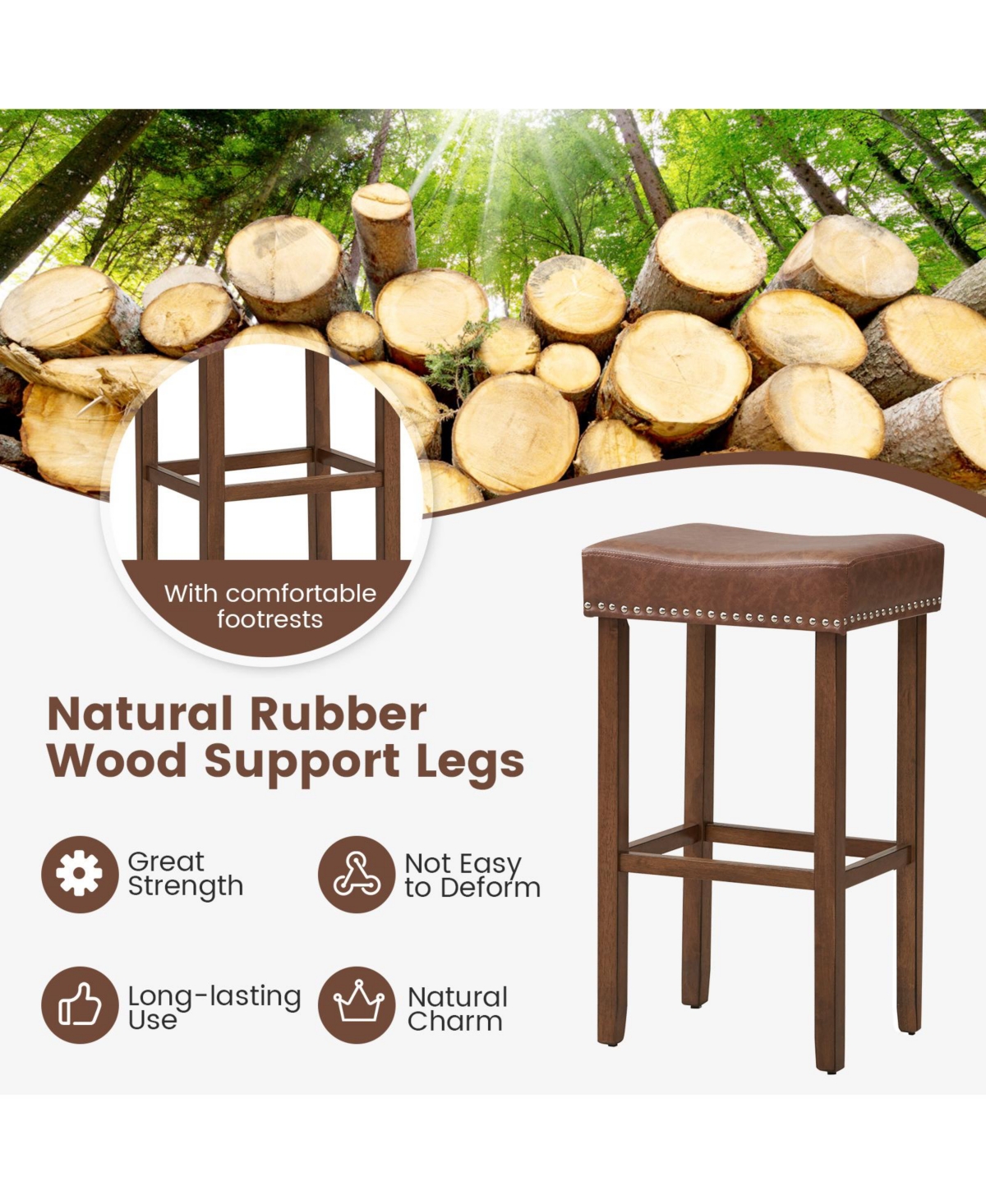 Upholstered Bar Stools Set of 2 with Footrests for Counter
