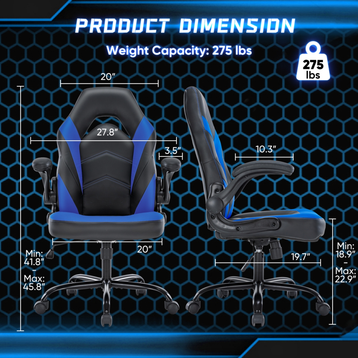 Streamdale Furniture Ergonomic Flipable Armrest Pu Leather Gaming Chair with S Curve Support - Black+blue