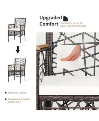 2 Pieces PE Wicker Patio Bistro Dining Chairs with Acacia Wood Armrests and Cushions