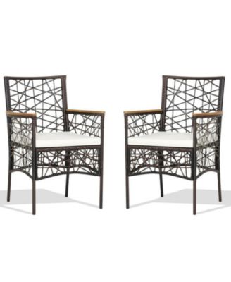 2 Pieces PE Wicker Patio Bistro Dining Chairs with Acacia Wood Armrests and Cushions