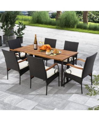 Outdoor PE Wicker Chair with Acacia Wood Armrests-Set of 4