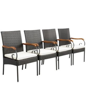 Outdoor PE Wicker Chair with Acacia Wood Armrests-Set of 4