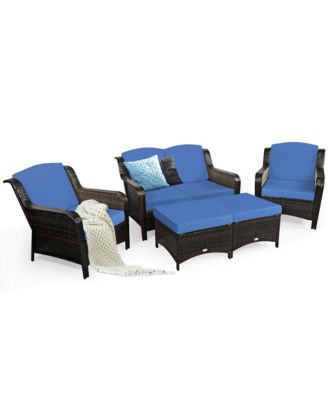 5PCS Patio Rattan Furniture Set Loveseat Sofa Ottoman