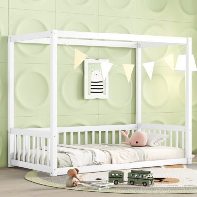 Twin Size Canopy Frame Floor Bed with Fence, Guardrails