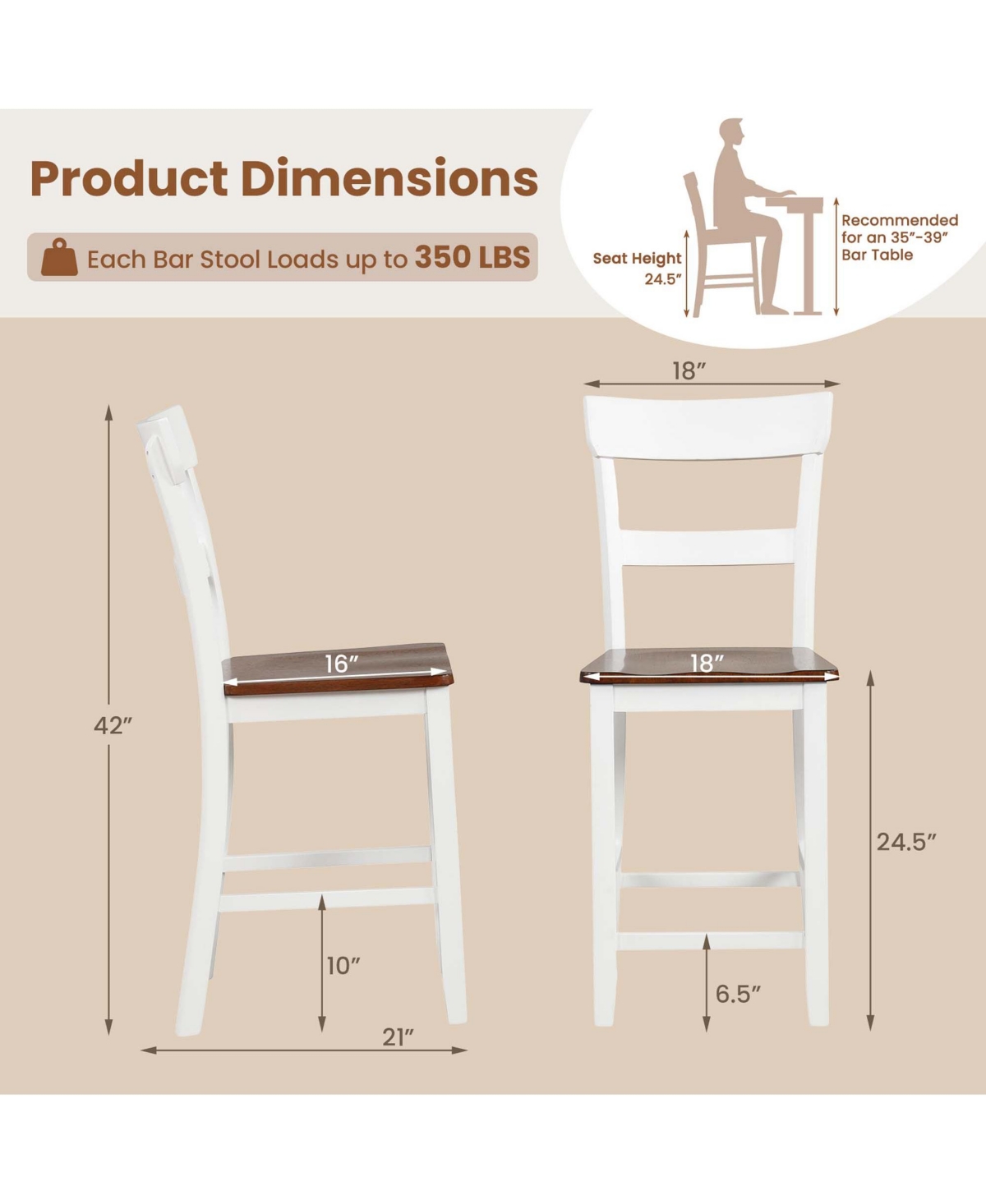 Costway Wooden Bar Stool Set of 4 Bar Chairs with Lvl Rubber Wood Frame, Backrest, Footrest