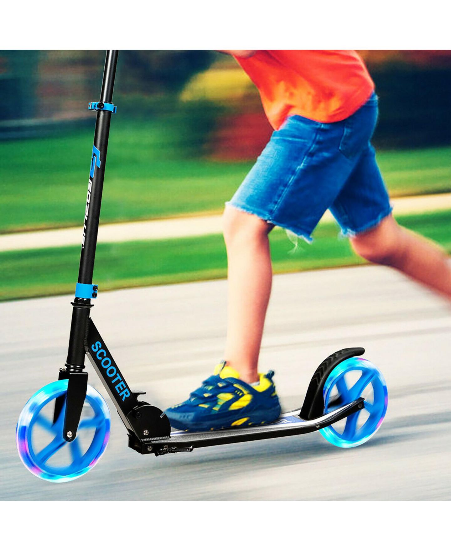 Детская игрушка Costway Folding Kick Scooter with LED Wheels, 220 Lb Capacity, Ages 5-14, цвет: Синий — фото 6