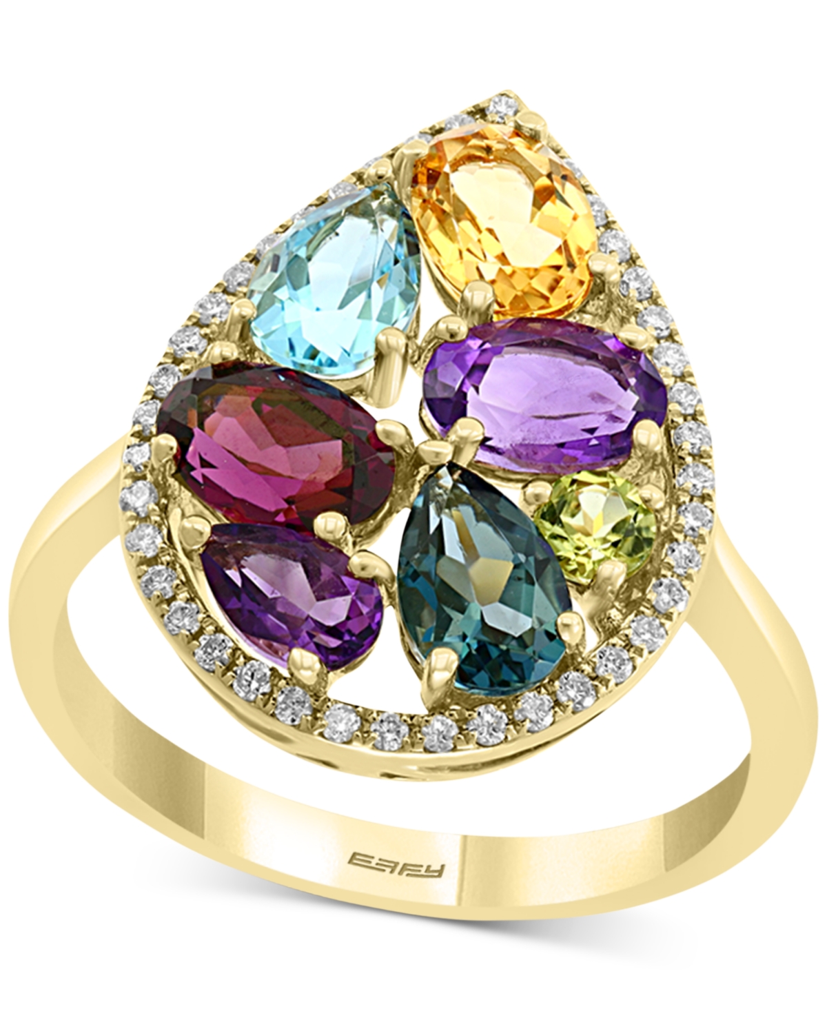 Effy Collection Effy Multi-gemstone (3-1/4 Ct. T.w.) & Diamond (1/6 Ct. T.w.) Pear Halo Statement Ring In 14k Gold In Yellow Gol