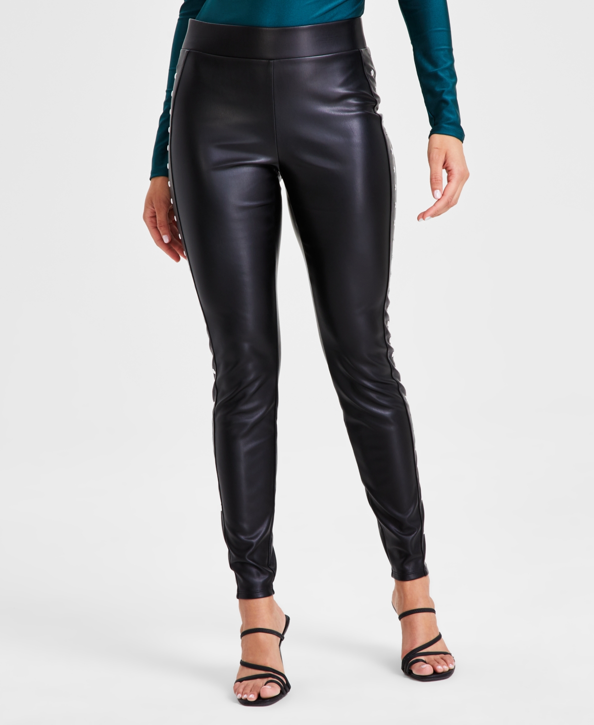 Bar Iii Women's Faux-leather Side-studded Leggings, Created For Macy's In Deep Black