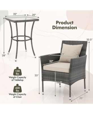 3-Piece Patio Furniture Set PE Wicker Conversation Bistro Set w/ A Tempered Glass Table