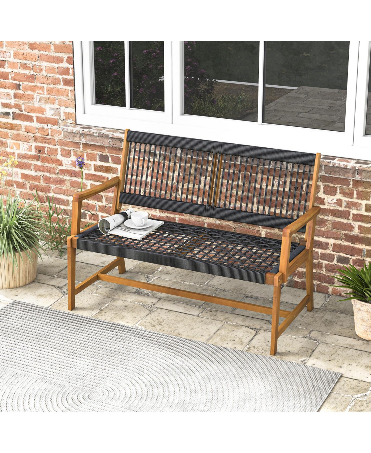 Slickblue Outdoor Acacia Wood Bench with Backrest and Armrests