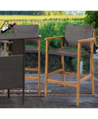 PE Wicker Patio Bar Chairs with Acacia Wood Armrests-Set of 2