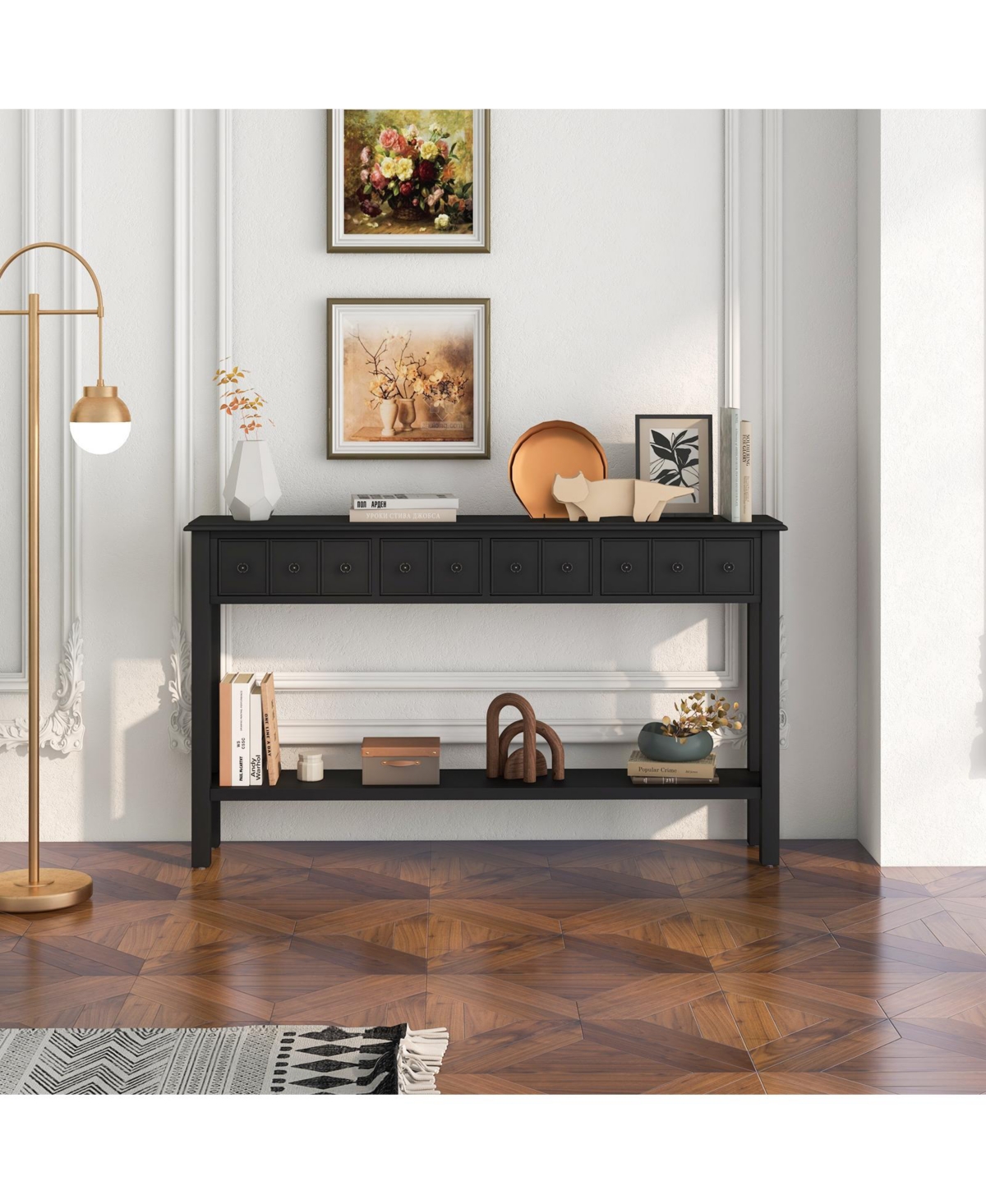 Long Sofa Table with 4 Storage Drawers and Open Lower Shelf for Living Room