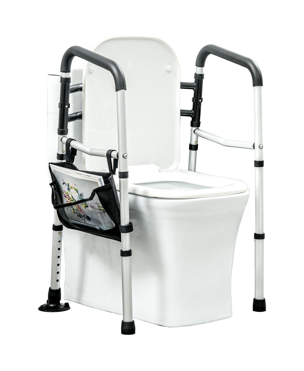 Toilet Safety Rails with Adjustable Height, Silver - White