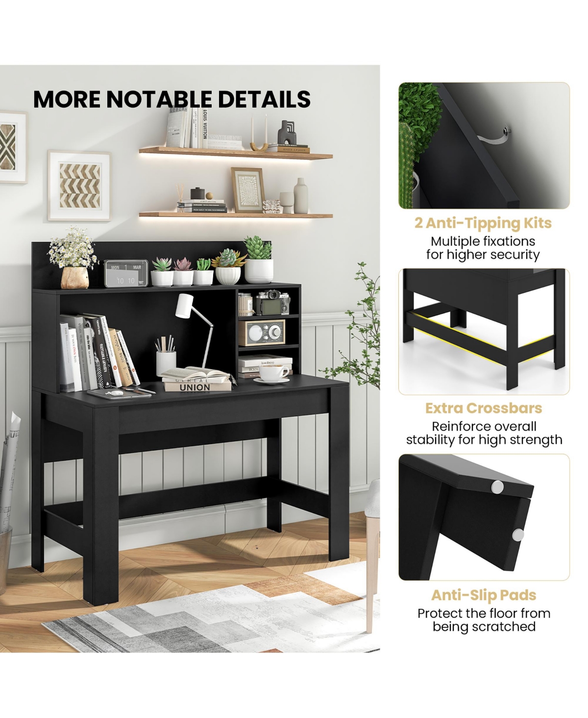 Gymax Home Office Computer Desk Study Table Writing Workstation Hutch Cable Hole- Black