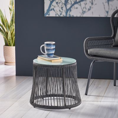 Boho-Chic Glass-Top End Table with Woven Rope Texture