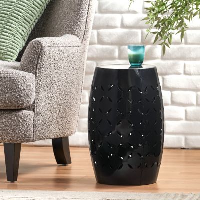 Streamdale Black Barrel-Shaped Lace-Cut Side Table for Patio or Garden
