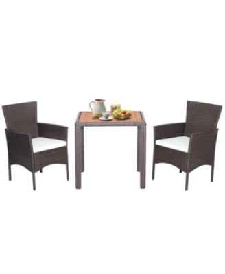 3 Pieces Patio Wicker Furniture Set wih Acacia Wood Table Top and Chair Cushiones