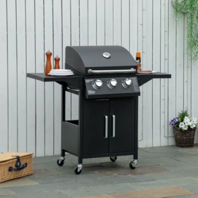 3 Burner Gas Grill w/ Wheels, Storage Shelves, Thermometer,